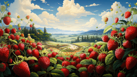 Strawberry field in the mountains. Landscape with strawberries.の素材