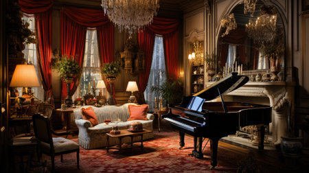 Interior of a luxurious living room with a piano and a sofaの素材