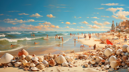 Tropical beach with many shells and umbrellas at sunsetの素材