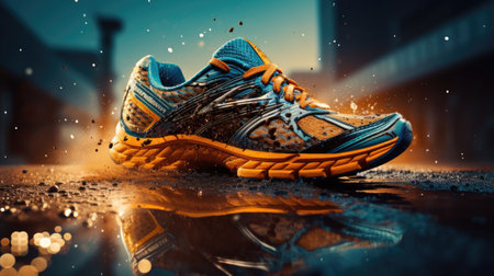 Running shoes on the road in the city.の素材