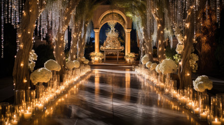 Luxury wedding arch decorated with flowers and candles at night.の素材