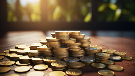 Stacks of gold coins on wooden table with blurred background, business and financial conceptの素材