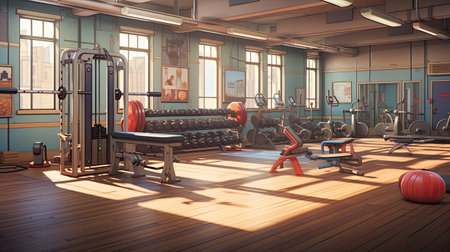 Interior of a modern gym with fitness equipment.の素材