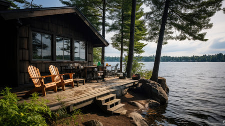 Wooden house on the lake in summer. Lake of the Woodsの素材