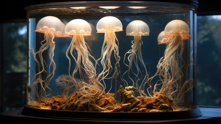 Jellyfish in a glass jar. Jellyfish in the aquarium.の素材
