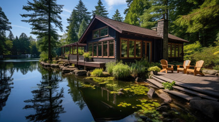 Luxury wooden house on the lake in the park with reflectionの素材