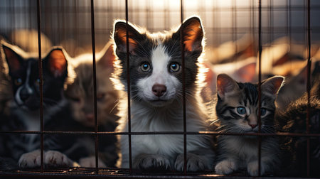 Group of kittens in a cage at sunset. Selective focus.の素材