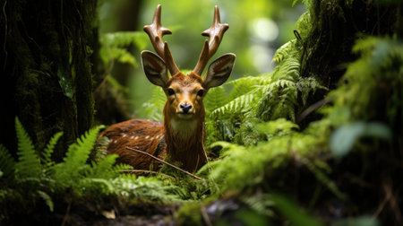 Beautiful deer in the forest with ferns and moss.の素材