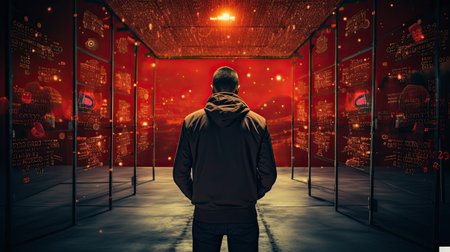 A man in a dark room looking at a futuristic city.の素材