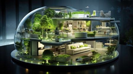 Glass florarium with green plants and furniture.の素材
