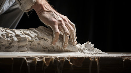 Hands of a carpenter working on a wooden table. Dark background.の素材