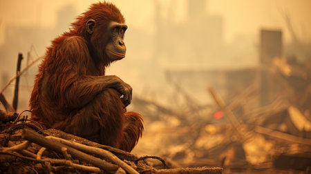 Orangutan sitting on a log in the rainforest at sunsetの素材