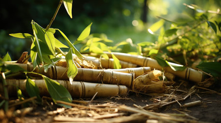 Bamboo shoots on the ground in the forest. Bamboo leaves background.の素材