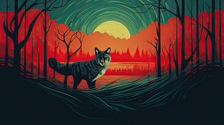 a wolf in the forest at sunset,の素材