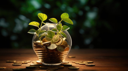 plant growing out of coins in a glass vase on wooden tableの素材