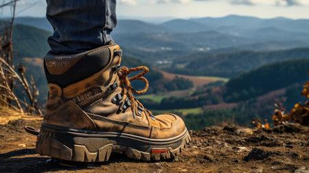 Hiking boots on top of a mountain in the mountains. Hiking conceptの素材