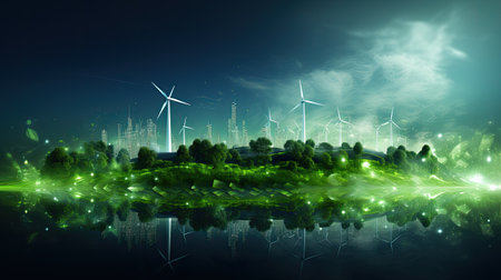 Ecology concept with wind turbines and cityscape in the background.の素材