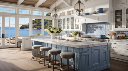 a beautiful kitchen in a villa with sea viewの素材