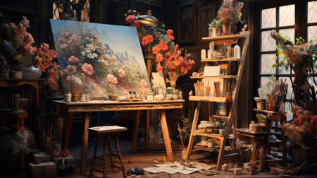artistic still life with flowers and oil paints in a wooden workshopの素材