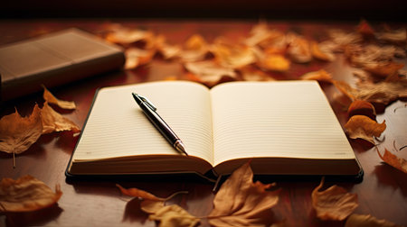 Notebook and pen on a wooden table with autumn leaves in the backgroundの素材