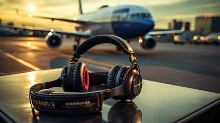 Headphones and airplane in the airport at sunset. Shallow depth of fieldの素材
