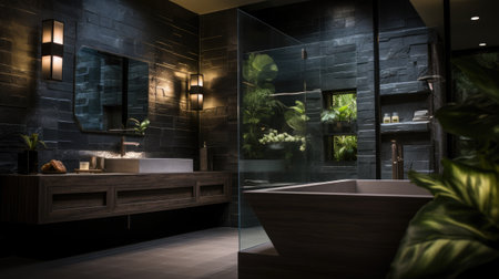 Interior of modern bathroom with black brick walls, concrete floor, dark wooden bathtub and green plantsの素材