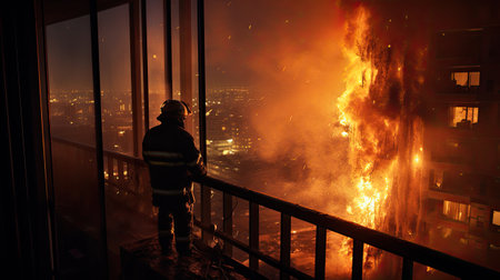 Fireman fighting a fire in a building at night with a huge flameの素材