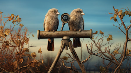 Two birds sitting on a telescope in the autumn forest.の素材