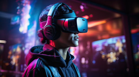 Young african american woman playing video games with virtual reality headset at night clubの素材