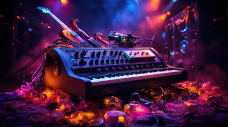 Guitar and synthesizer on stage. Music concept. Close up view of electronic music equipment.の素材