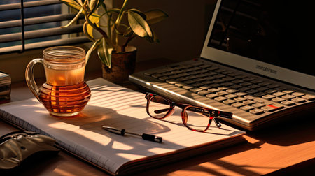 Cup of tea with notebook and laptop on wooden table in officeの素材