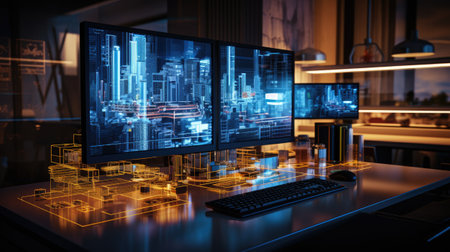 Computer screen with abstract glowing city. Technology concept.の素材