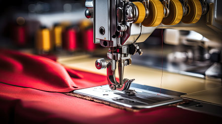 Sewing machine on red fabric background. Tailoring concept.の素材
