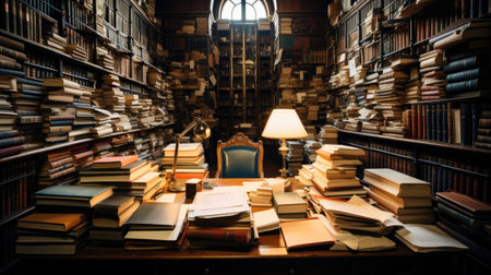 Old bookshelves in library, vintage style, toned imageの素材