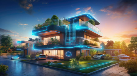 Modern house with neon lights on the roof.の素材