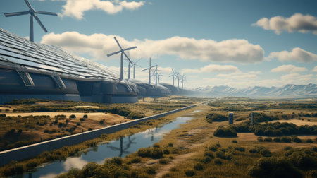 futuristic city with wind turbines generating electricity.の素材