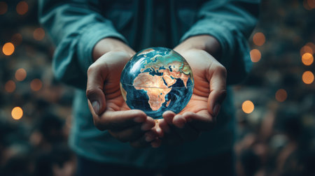 Hands holding a globe in front of a Christmas tree. Concept of global warming.の素材