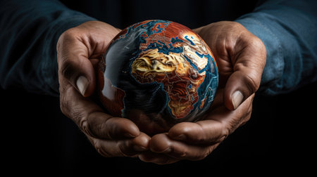 Human hands holding a globe on a dark background. Global warming conceptの素材