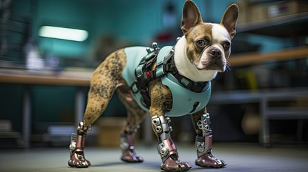 Boston Terrier in a blue jacket and a green harness stands on the floorの素材