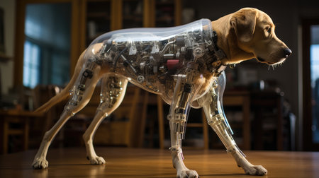 a dog with a prosthetic leg in a roomの素材