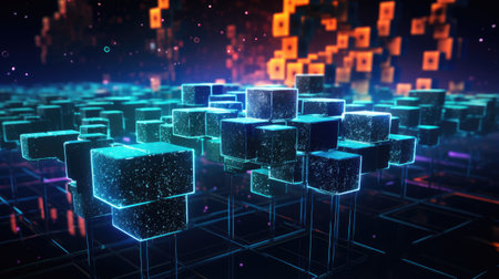 Abstract cubes with glowing lights on dark background.の素材
