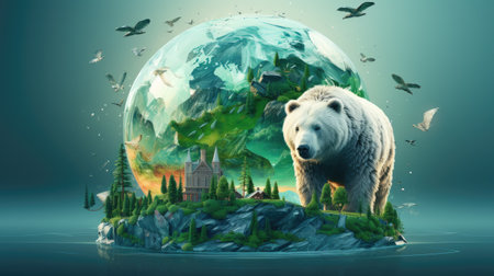Fantasy landscape with a white bear on the planetの素材