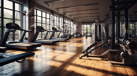 Interior of a modern gym with fitness equipment.の素材