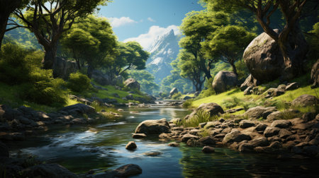 Landscape of mountain river with green trees and rocks in the foregroundの素材