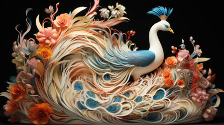 Peacock on the background of the stylized flowers and leavesの素材