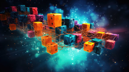 colorful cubes connected by lines and dots. Network conceptの素材