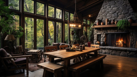 Interior of a cozy house in the forest with fireplace and wooden furnitureの素材