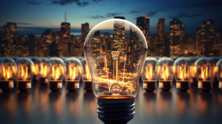 Conceptual image of light bulb with cityscape in the backgroundの素材