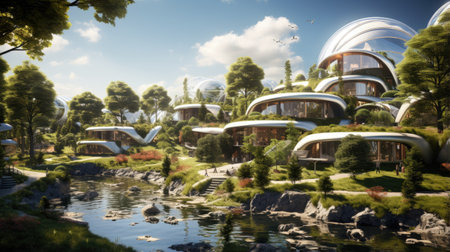 Miniature city park with lake and trees. Abstract nature background.の素材