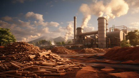 Industrial landscape with a huge pile of wood and smokestacksの素材